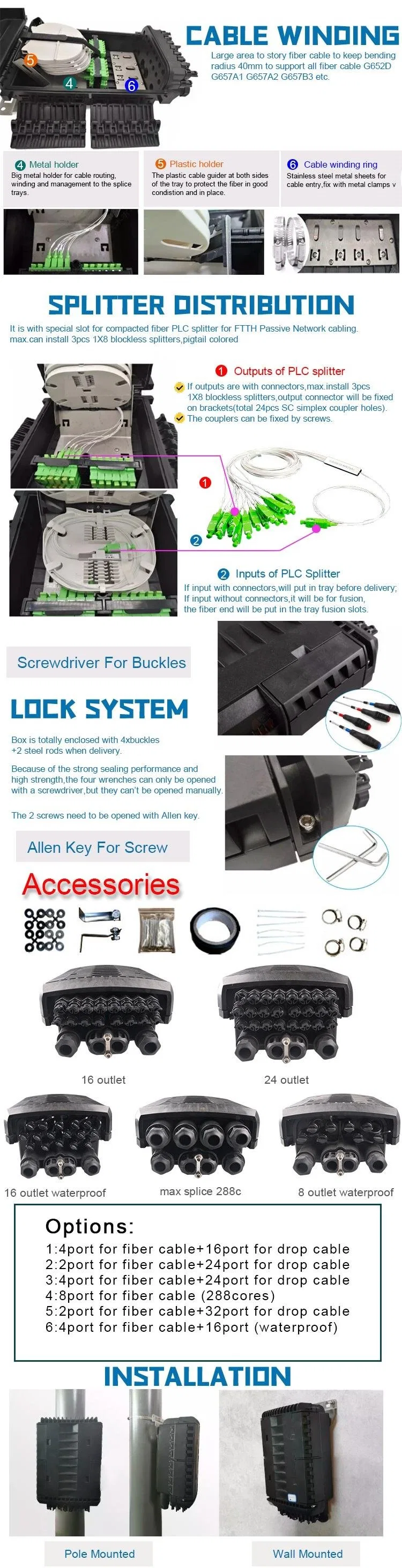 Gcabling Fiber Optic Splice Nap Splitter Distribution Enclosure Box Access Terminal IP68 Fdb Connection Termination FTTH Cable Junction Closure Box